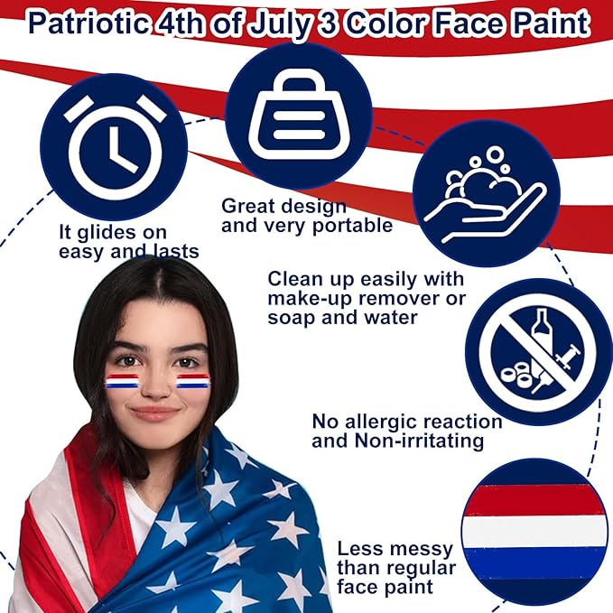 4pcs Red White and Blue Face Paint Stick, Long Lasting Patriotic Body Painting Baseball Eye Black America USA Flag Makeup Stick 4th of July Accessories for Kids Women Men Sports Party Independence Day