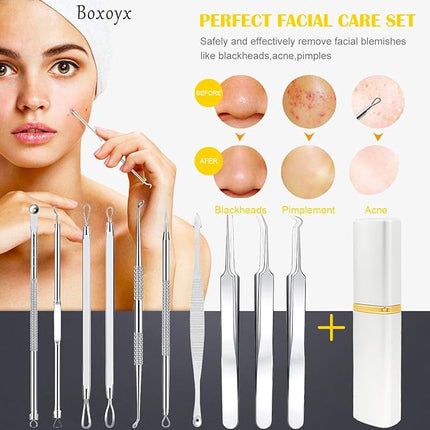 Pimple Popper Tool Kit - Boxoyx 10 Pcs Blackhead Remover Comedone Extractor Kit with Metal Case for Quick and Easy Removal of Pimples, Blackheads, Zit Removing, Forehead,Facial and Nose(All Silver)