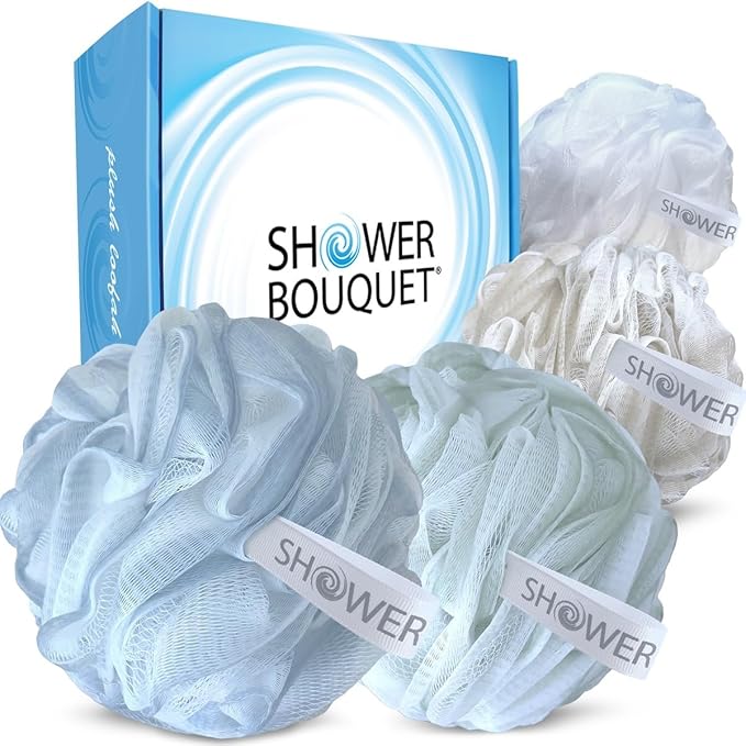 SHOWER BOUQUET Loofah-Bath-Sponge XL Soft-Pastel-Colors 4-Pack // Extra-Large 75g Mesh Luffa Loofa Loufa Puff Pouf Set/Exfoliating Body Scrubber for Women and Men - Exfoliate & Soothe Face & Body