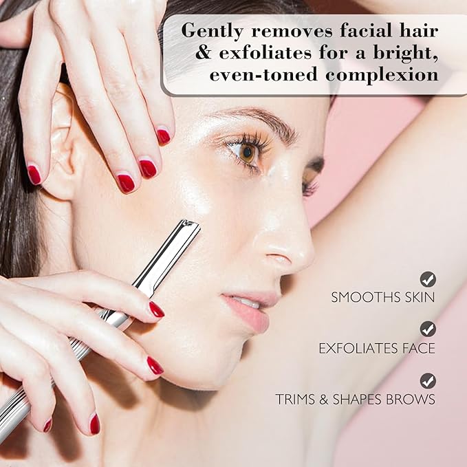 Eyebrow Razor, Face Razors for Women and Men, Reusable Metal Handle with 6 Refill Blades, Eyebrow Trimmer with Precision Cover, Dermaplane Razor, Skin Care Tool - Shiny Silver