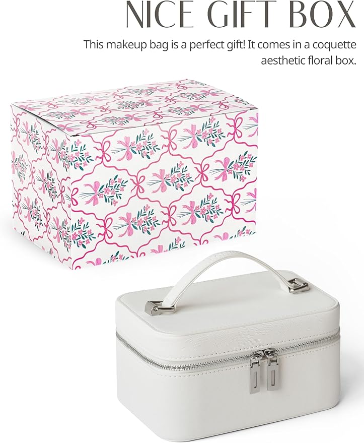 Popvibe Makeup Vanity Bag with Lighted Mirror, Compact Leather Travel Make Up Case with Brush Storage and Handle, White Small Train Case Luxury Cosmetic Case Lighted Up Toiletry Bag for Women, White