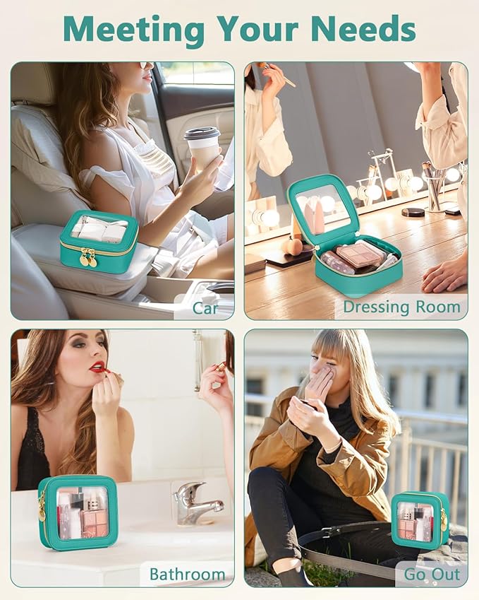 Mini Makeup Bag, Small Makeup Bag for Purse, Waterproof Clear Makeup bag, Leather Cosmetic Bag, Square Make Up Bag Pouch, Toiletry Bag for Travel, Car and Women, Green