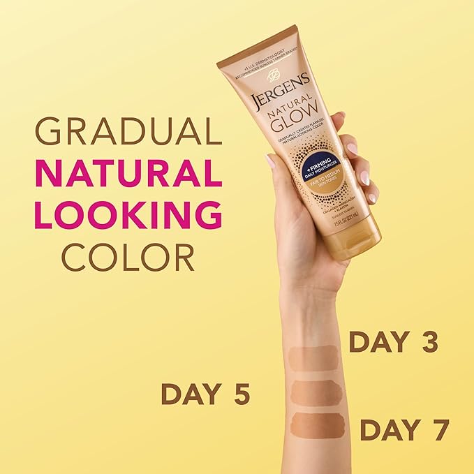 Jergens Natural Glow +Firming Self Tanner Body Lotion, Fair to Medium Skin Tone, Sunless Tanning Moisturizer with Collagen and Elastin. Helps to Visibly Reduce Cellulite, 7.5 Fl Oz (Pack of 2)