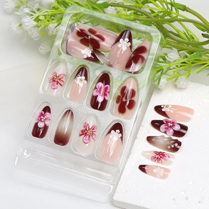 Almond Press on Nails Medium Fake Nails with 3D Flower Gold Pearl Designs French Tip Nails Press ons Pink Acrylic Nail Glossy Glue on Nail Gradient Stick on Nail for Women 24 Pcs