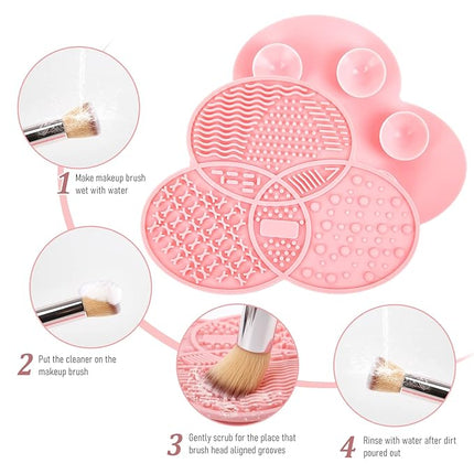 Makeup Brush Cleaning Mat & Drying Rack - 28 Holes Brush Holder, Silicone Rubber Clover Shaped Mat Cleaner - Black & Pink