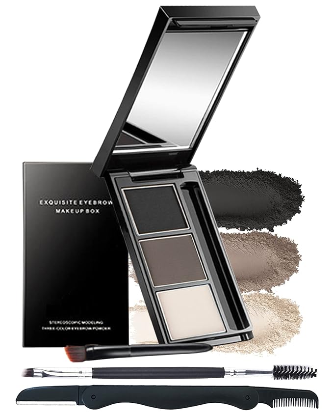 Eyebrow Powder Makeup Kit-3 Colors Eye Brow Powder Palette Long-Lasting Waterproof, Black Brown Series Brow Powder, Fill & Sculpt Full Eyebrows for Women, With Mirror, Brow Brush & Razor-Set 01