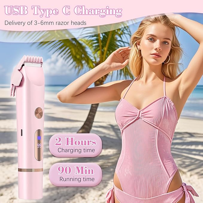 2 in 1 Women Electric Shaver Dual Head Bikini Trimmer for Women, IPX7 Waterproof Wet & Dry Use Painless Electric Razors for Silk Skin, Bikini Underarm Leg Arm Body Face, Pink