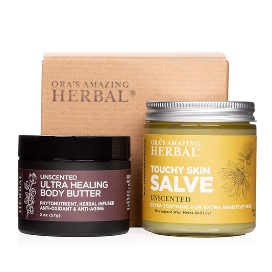 Salve & Butter Set for Dry Skin , Eczema Cream Treatment, Touchy Skin Salve, Ultra Healing Body Butter, Organic Calendula for Skin, Herbal Salves, Unscented Skincare, Ora's Amazing Herbal