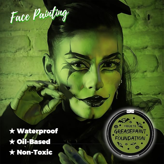 Ogre Green Foundation Oil Based Face Paint, Professional Green Greasepaint for St. Patrick's Day, Halloween Face Painting for Witch Shrek Hulk Goblin Monster for Adult Carnival & Costume Party