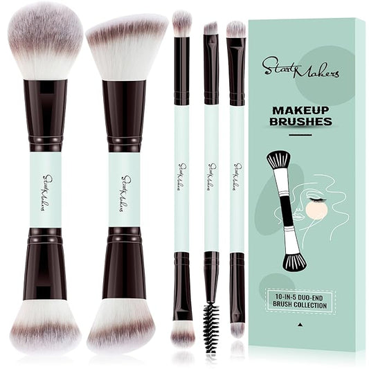 START MAKERS Makeup Brush Set 5Pcs, Dual-Ended Foundation Contour Concealer Blush Powder Bronzer Eyeshadow Brushes for Liquid, Cream, Powder, Blending, Buffing, Stippling Face Make up Tools