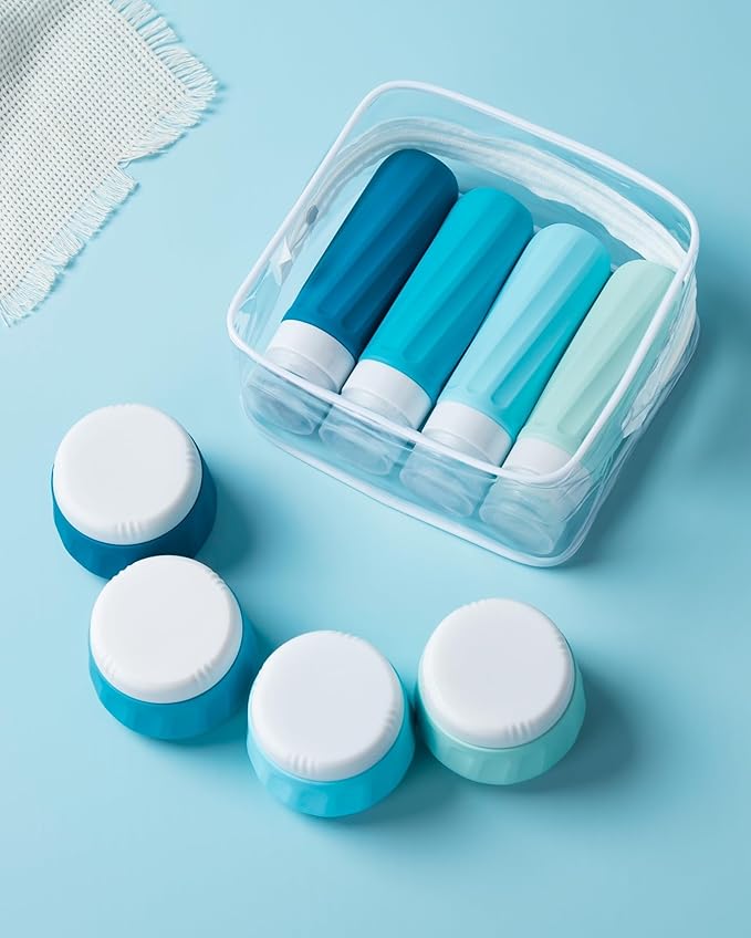 Travel Bottles for Toiletries 8 Pack, Travel Size Toiletries, Tsa Approved Travel Size Containers 3oz, with Travel Essentials Clear Bag, Leak Proof Silicone Squeezable Creams Jars