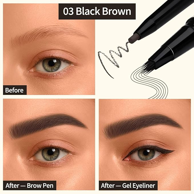 UCANBE 2-in-1 Eyebrow Pen & Gel Eyeliner Pencil – Microblading Eye Brow Pencil with Brow-Fection Angled Brush Tip + 1.5mm Ultra-Fine Eye Liner, Waterproof, Quick-Dry, Long Lasting (Black Brown)