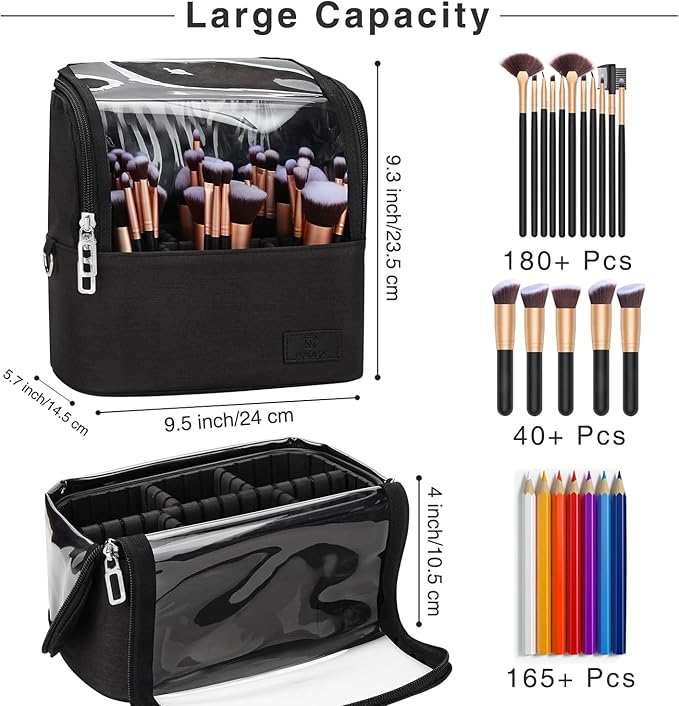 Makeup Brush Case Stand-up Makeup Cup Travel Professional Cosmetic Bag Artist Storage Bag Large Makeup Brush Bag with Adjustable Divider (Large, Black)