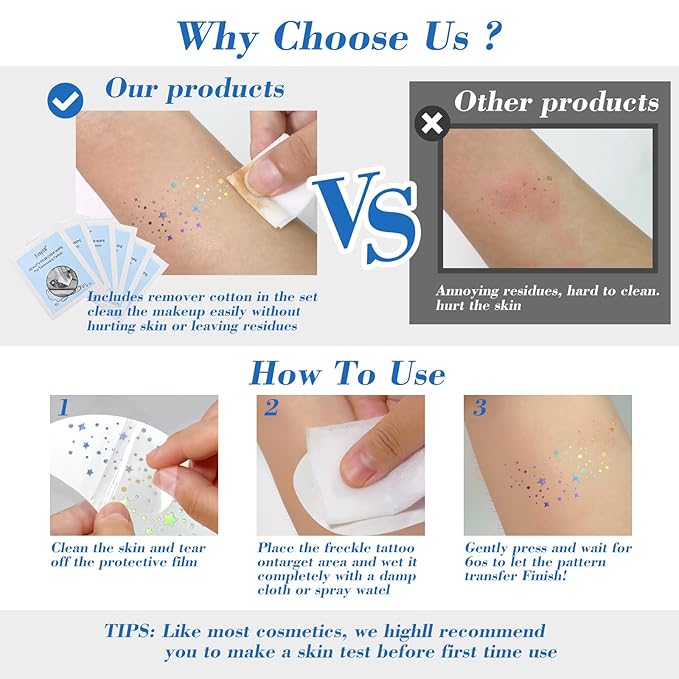 6 pcs Holographic Multicolour Glitter Freckles Face Tattoo, Waterproof Sparkle Face Glitter Speckles Patches for Women, Cute Glitter Temporary Tattoo Makeup Rave Accessories