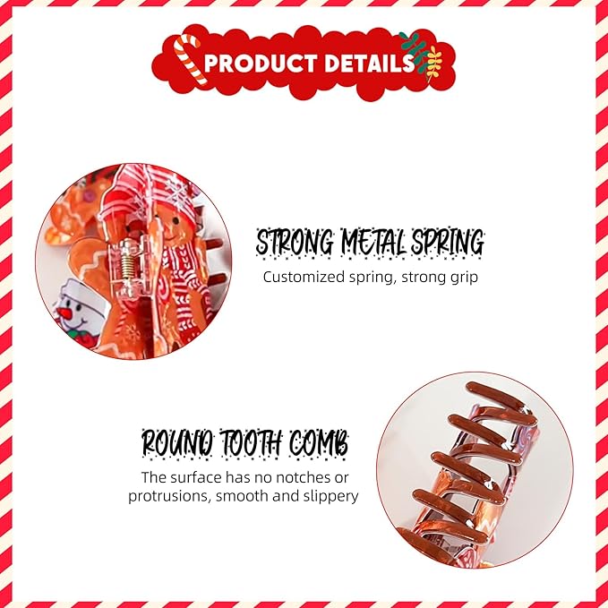 2Pcs Christmas Hair Clips for Women - Cute Funny Gingerbread Doll Hair Claw Clips Christmas Claw Clip Non-Slip Hair Claw for Thick Hair and Thin Hair Winter Xmas Party Hair Decoration Supplies
