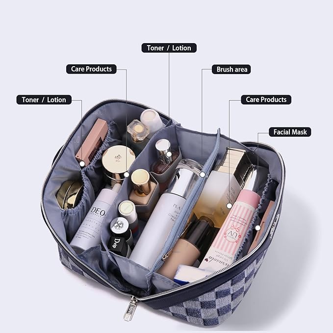 BOYATU Travel Makeup Bag for Women: Large Cosmetic Bag Set of 3 - PU Leather Make up Bag with Compartments - Compact Waterproof Toiletry Bag with Divider & Handle (C-05Deep Blue)