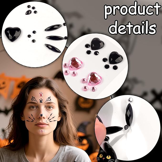 Crystal Cat Face Jewels with Pink Cat Print Gems - Face Jewels for Women & Kids - Cat Whiskers Costume Accessory