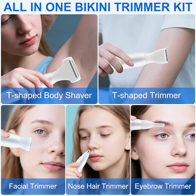 5-in-1 Bikini Trimmer for Women, IPX7 Waterproof Rechargeable Electric Razors Shaver, Cordless Body Hair Trimmer with LED Display for Nose Eyebrows Beard Underarm Leg Arm, Easy Cleaning Grooming Kit