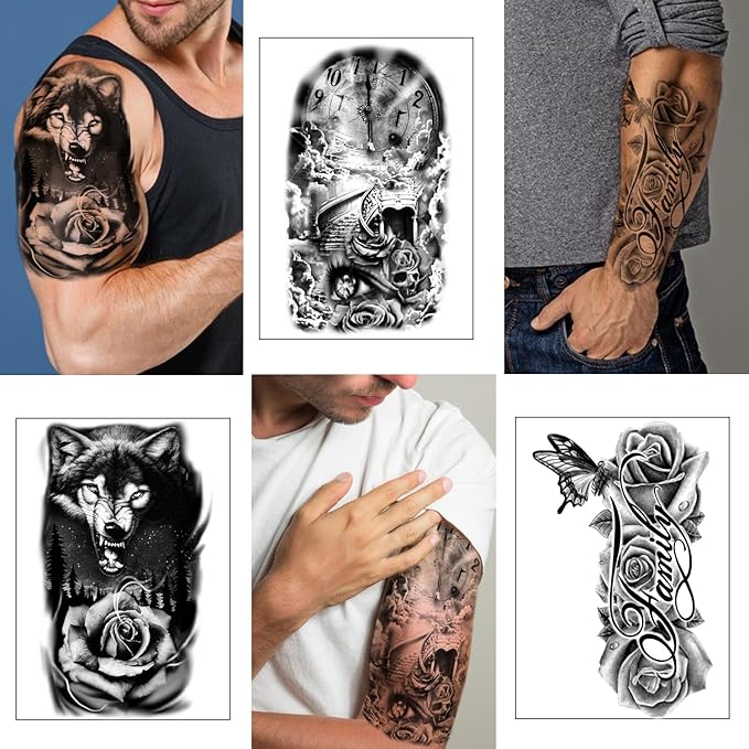 Yazhiji 36 Sheets Temporary Tattoos Stickers, 12 Sheets Fake Body Arm Chest Shoulder Tattoos for Men or Women with 24 Sheets Tiny Black Tattoos