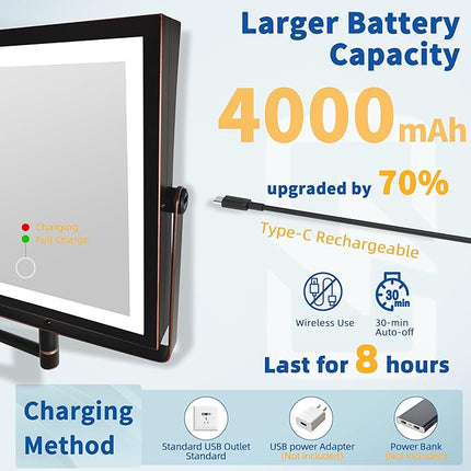 Ruacq Rechargeable Wall Mounted Makeup Mirror with Lights, Double Sided 1X/10X Magnifying Vanity Mirror with 3 Color Lights, Touch Screen Dimmable, 360° Rotation Foldable Arm (Oil Rubbed Bronze)