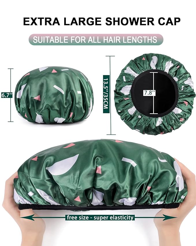 YIZIJIZI Triple Layer Reusable Waterproof Shower Cap for Women Large Terry Lined Hair Cap for Long Thick Hair Travel Bath Care Green Flowers