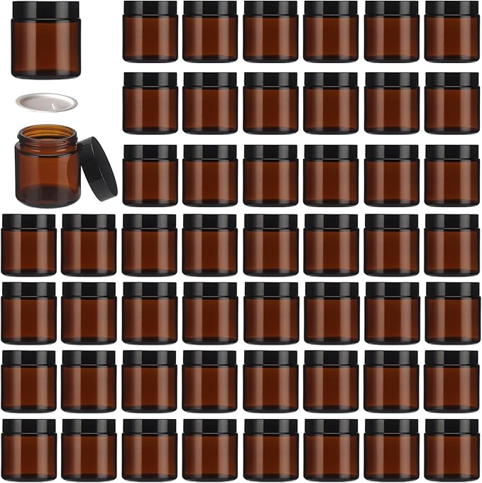 50Pcs 4 oz Glass Jars With Lids, Amber Small Containers With Inner Liners Whit&Premium Glossy Black Caps for Lotins,Powders,Ointments,4oz Sample&Candle Small Making