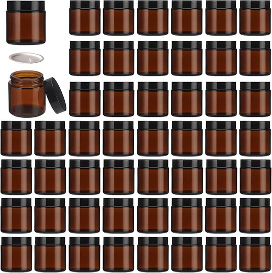 50Pcs 4 oz Glass Jars With Lids, Amber Small Containers With Inner Liners Whit&Premium Glossy Black Caps for Lotins,Powders,Ointments,4oz Sample&Candle Small Making