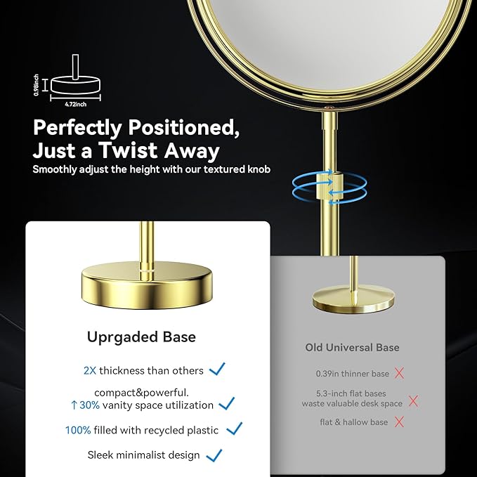 Nicesail Height Adjustable 15~19” Tall Table Mirror, 1X 10X Magnifying Mirror Double Sided for Makeup&Shaving, Desk Vanity Mirror Tabletop 360 Rotation of 8” Face, Bathroom Shiny Gold Makeup Mirror