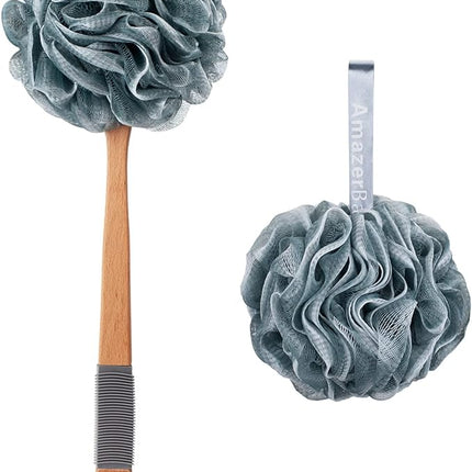 AmazerBath Shower Sponge Loofah Back Scrubber, PE Soft Mesh Loofah Body Scrubber with Long Wooden Handle, Bath Sponge for Men Women (Gray)