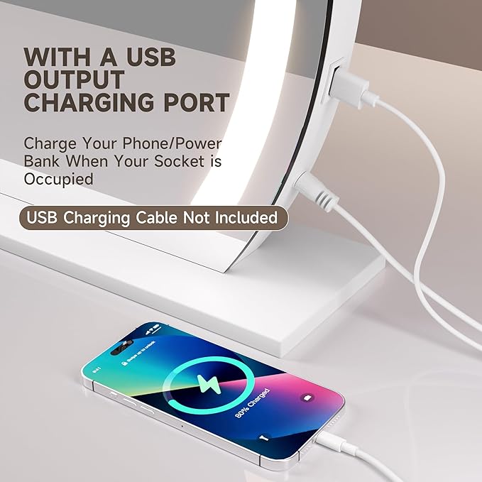 Hasipu Vanity Mirror with Lights, 22.8" x 18.1" LED Makeup Mirror, Lighted Makeup Mirror with Lights, Smart Touch Control 3 Colors Dimmable Mirror 360°Rotation USB Port White