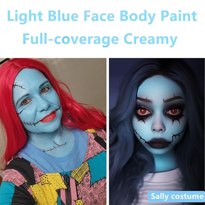 Go Ho Cream-Blendable Light Blue Face Paint Stick (1.06 Oz),Full-coverage Pale Blue Face Body Paint for Halloween Cosplay SFX Ghost Bride Sally Makeup,Waterproof Makeup Stick
