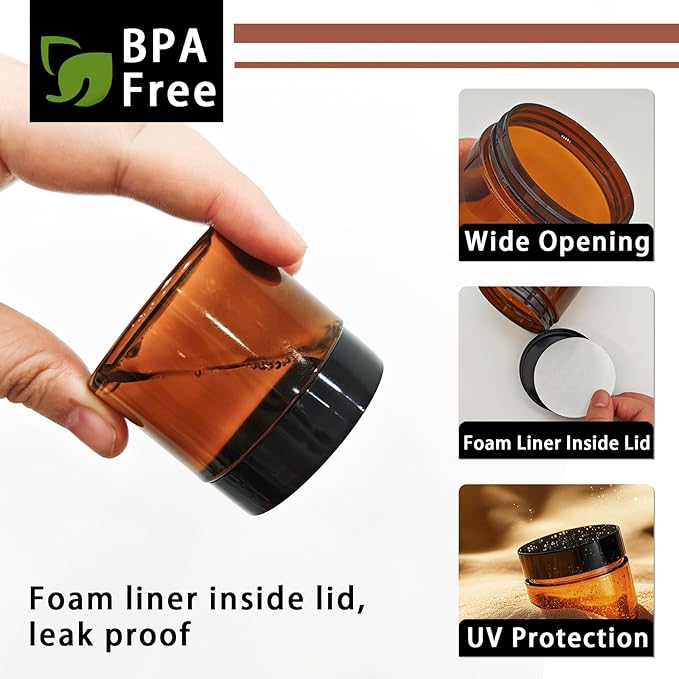 20 Pack 2 oz Small Amber Plastic Jars with Lids and Labels, Refillable Round Brown Mini Cosmetic Containers, Reusable Airtight Jars for Lotion Cream Body Butter Ointment Travel Storage