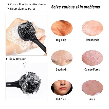 Silicone Facial Cleansing Brush 3 Pack, Beomeen 4 in 1 Handheld Face Scrubber for Deep Gentle Exfoliating, Double-Ended Face Wash Scrub Brush for Face Skincare and Massage (Black)