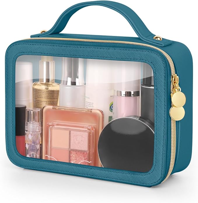 Clear Makeup Bag, Portable Travel Cosmetic Bags, Multipurpose Leather Toiletry Bag with Zipper, Waterproof Transparent Cosmetic Organizer for Women, Medium, Blue