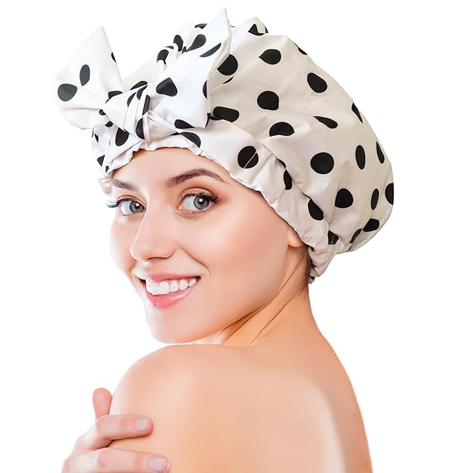 Luxury Shower Cap for Women, Shower Caps for Women Reusable Waterproof, Hair Cap for Shower, Large Adjustable Bowknot Bath Cap for Long Hair Braids