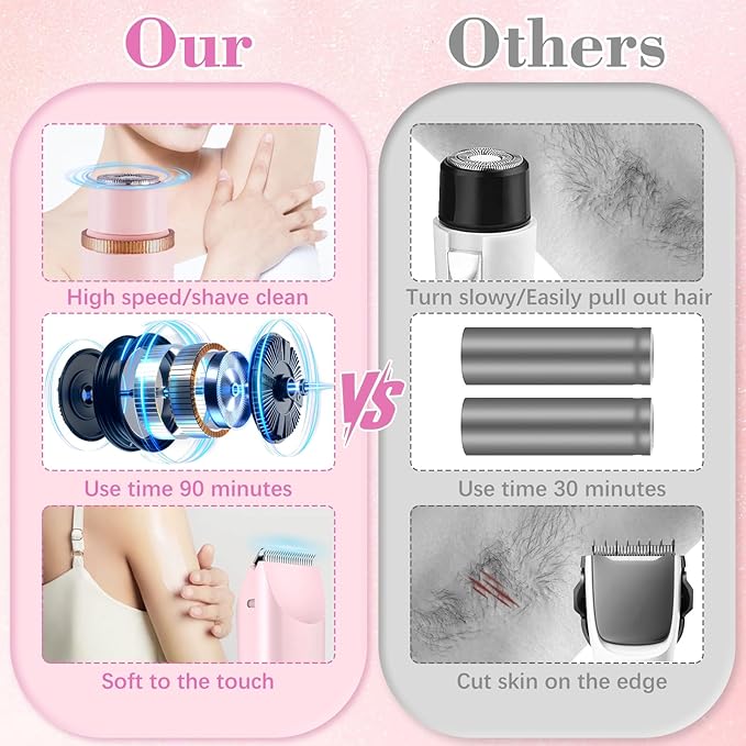 2 in 1 Women Electric Shaver Dual Head Bikini Trimmer for Women, IPX7 Waterproof Wet & Dry Use Painless Electric Razors for Silk Skin, Bikini Underarm Leg Arm Body Face, Pink