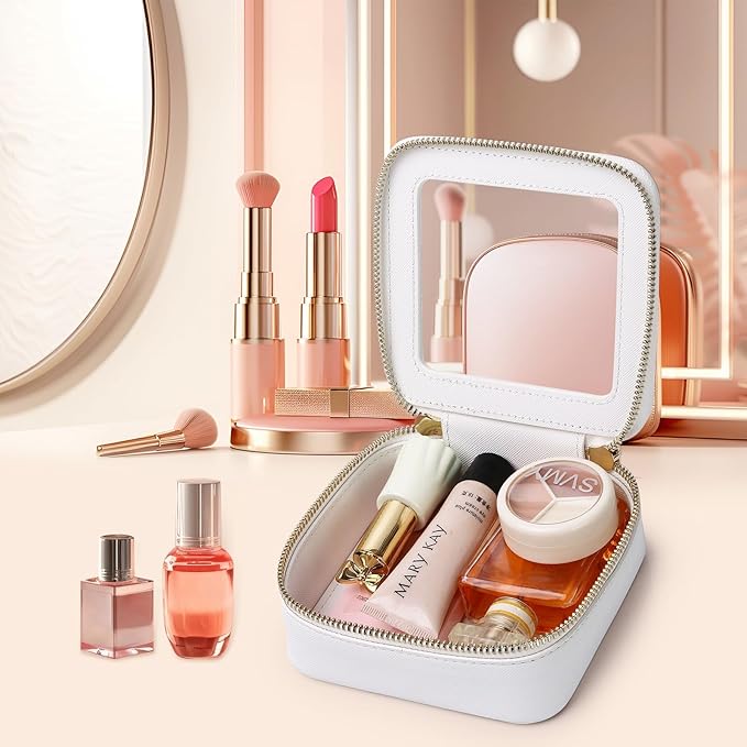 Pinkmik Small Makeup Bag Mini Clear Cosmetic Makeup Case & Toiletry Bag with Zipper Women's Purse Organizer & Car Essentials (White, MINI)