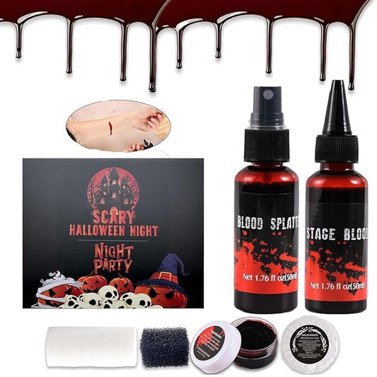 6PCS Halloween Fake Blood Makeup Kit，Washable for Scar Wound and Clothes Realistic Face Paint Wounds Costume Blood For Vampire, Zombie, Clown Cosplay Red，Stipple Sponge ， Cleansing Soap and Gauze