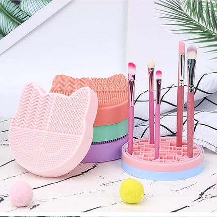Silicon Makeup Brush Cleaner Mat with Portable Cat Shaped Cosmetic Brush Cleaning Pad Holder - Blue