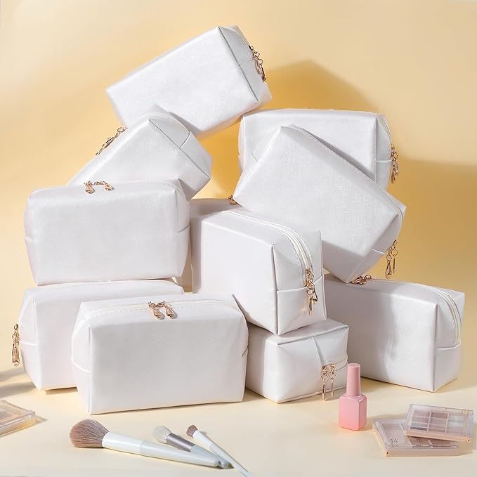 Cunno 50 Pcs Makeup Bag Bulk PU Leather DIY Cosmetic Plain Preppy Makeup Pouch Portable Waterproof Toiletry Bags for Women Travel Pencil Case Cosmetic Organizer (White)