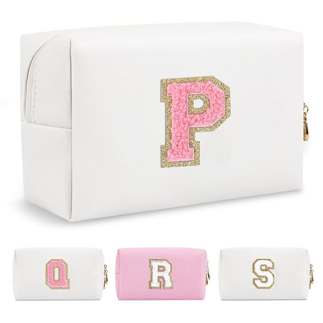 Personalized Makeup Bag Initial A-Z Preppy Patch Bag,Small PU Leather Travel Cosmetic Bag Pouch with Zipper,White Cute Toiletry Bag,Gift Ideal for Teen Girls Women Birthday Friend Mom,Letter P