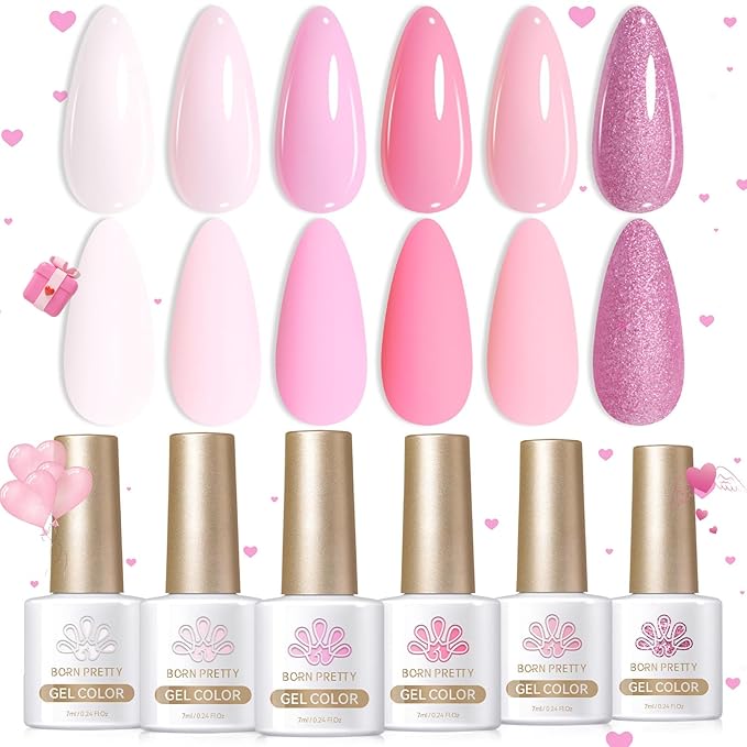 Born Pretty Pink Gel Nail Polish Set 6 Colors Sweet Lovely Nude Pink White Colors Nail Art DIY Manicure Salon Home 7ML