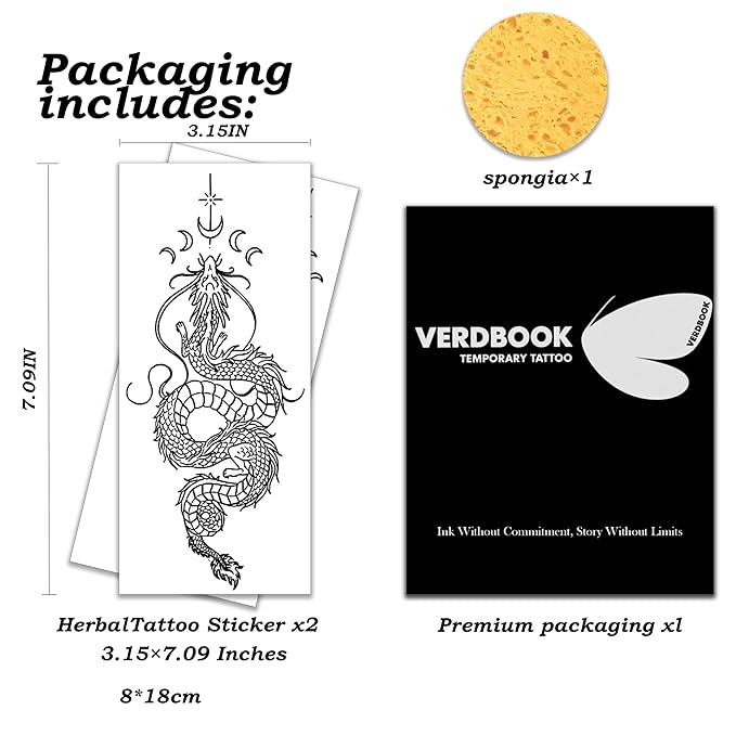 Waterproof Temporary Tattoos: 2-Sheet Tattoo Kit with Realistic Body Stickers, Semi-Permanent Tattoos for Adults Lasting 7-15 Days – Safe for Men & Women, Lunar Dragon Pattern