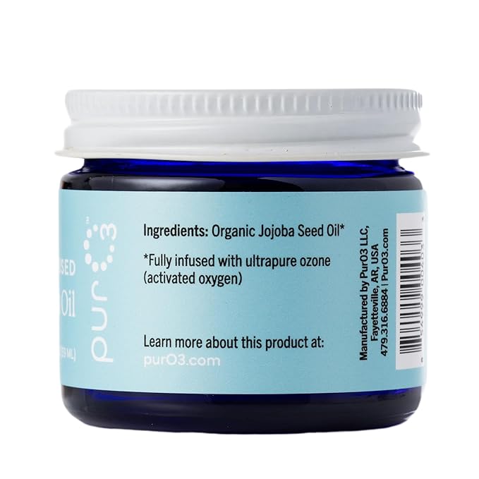 PurO3 Ozonated Jojoba Oil – Pure, Natural, Organic Skincare for Face & Body – Oxygenated Healing Lotion, Moisturizer & Beauty Cream in a Glass Jar – O3 Therapy Salve, 2 oz