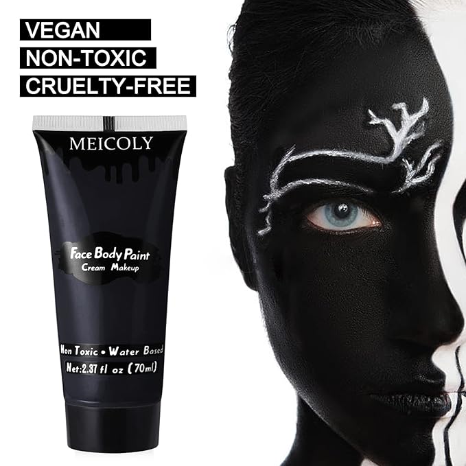 MEICOLY Black Cream Face Body Paint, 2.37Oz Large Tube Water Based Clown Black Makeup,Body Paint for Adults and Kids,Halloween SFX Skull Joker Zombie Vampire Skeleton Goth Spider Cosplay Makeup