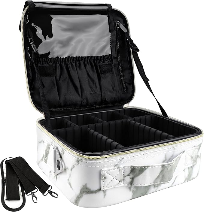 Travel Makeup Bag 10.4 Inches Portable Makeup Train Case Cosmetic Bag Organizer with Adjustable Dividers and Shoulder Strap for Cosmetics Brushes Toiletry Jewelry Digital Accessories (Marble)