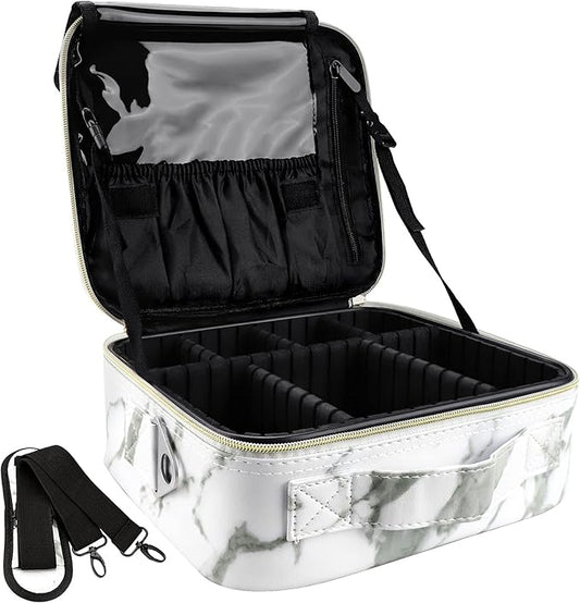 Travel Makeup Bag 10.4 Inches Portable Makeup Train Case Cosmetic Bag Organizer with Adjustable Dividers and Shoulder Strap for Cosmetics Brushes Toiletry Jewelry Digital Accessories (Marble)