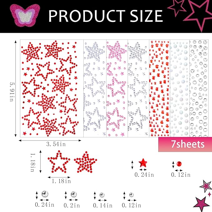 7 Sheets Self-Adhesive Face Gems Rhinestones, Sparkling Body Jewels for Eye Makeup and Skin, y2k Festival Star Stickers for Women Girls with Black Tweezers
