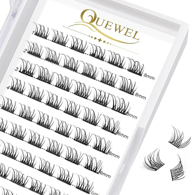 QUEWEL Lash Clusters 72 Pcs Wide Stem Individual Lashes C/D Curl 8-16mm Length DIY Eyelash Extension False Eyelashes Natural&Mega Styles Soft for Personal Makeup Use at Home (Natural-D-8)