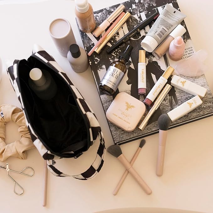 Tiny Twinkle Portable Waterproof Makeup Bag | Travel-Friendly Cosmetic Organizer with Convenient Carry Handle | Spacious Interior, and Secure Zipper Closure (Black Checkers)